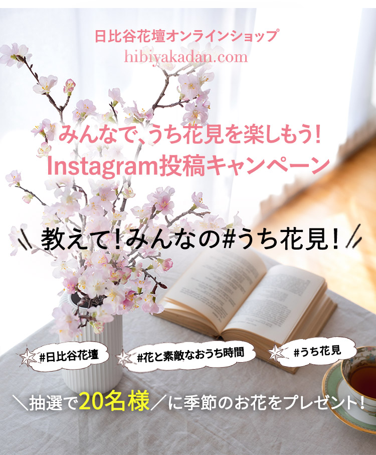 日比谷花壇オンラインショップ  hibiyakadan.com
        ～みんなで、うち花見を楽しもう！Instagram投稿キャンペーン～
        「教えて！みんなの#うち花見！」抽選で20名様に季節のお花をプレゼント！