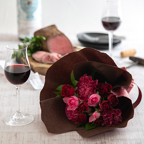 オーガニック赤ワインと花束のセット